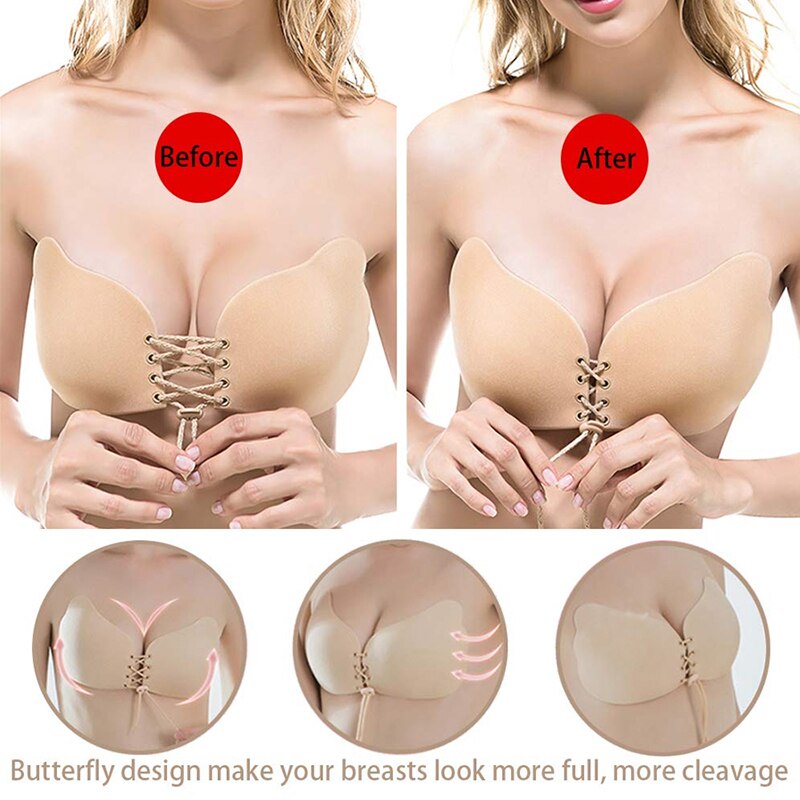 Women Self Adhesive Strapless Bandage Blackless Solid Bra Stick Gel  Silicone Push Up Underwear Invisible Bra Bust Braces Support B Colour Black