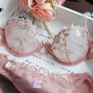 Exquisite Embroidery Lotus Pink Ultra-thin Sexy Large Size Underwear Ladies Lace Transparent Comfortable Bra