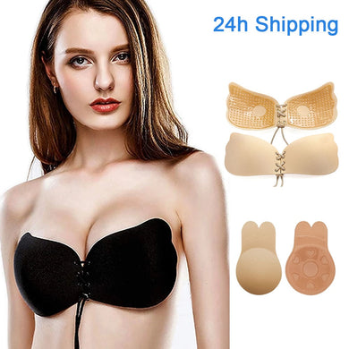 Women Self Adhesive Strapless Bandage Blackless Solid Bra Sticky Gel Silicone Push Up Women's Underwear Invisible Bra DropShip