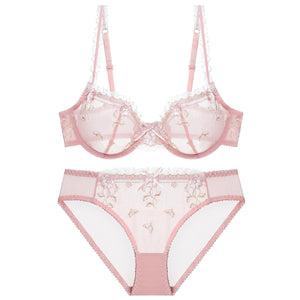 Exquisite Embroidery Lotus Pink Ultra-thin Sexy Large Size Underwear Ladies Lace Transparent Comfortable Bra