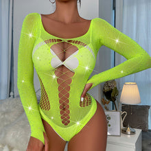 Load image into Gallery viewer, Y2k Women&#39;s Sexy Mesh Hollow For Lingerie One Piece Rhinestone Fishnet Bodysuit Backless Underwear Strapless Long Sleeve Bra Set