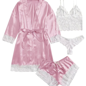 Women's 4 Pieces Comfortable Satin Floral Lace Cami Top Lingerie Pajama Set With Robe  For Valentine's Gifts