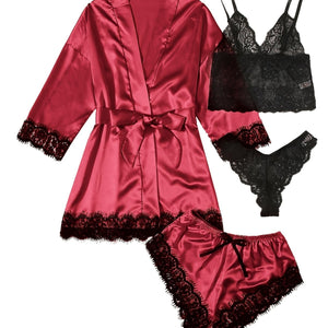 Women's 4 Pieces Comfortable Satin Floral Lace Cami Top Lingerie Pajama Set With Robe  For Valentine's Gifts