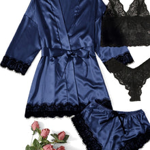 Load image into Gallery viewer, Women&#39;s 4 Pieces Comfortable Satin Floral Lace Cami Top Lingerie Pajama Set With Robe  For Valentine&#39;s Gifts