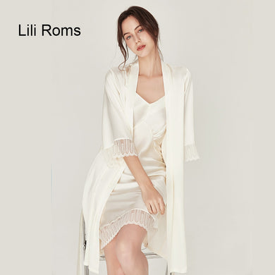 LiliRoms Women 22 Momme 100% Silk Nightgown Robe Set Long Sleeve Lace Luxury Lingerie Sleepwear Elegant Clothing Free Shipping