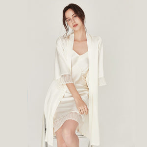 LiliRoms Women 22 Momme 100% Silk Nightgown Robe Set Long Sleeve Lace Luxury Lingerie Sleepwear Elegant Clothing Free Shipping