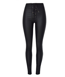 Faux Leather Sexy Pants Women Elastic Lace Up High Waist Slim Leather High Waist Pants Trousers
