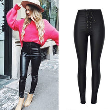 Load image into Gallery viewer, Faux Leather Sexy Pants Women Elastic Lace Up High Waist Slim Leather High Waist Pants Trousers