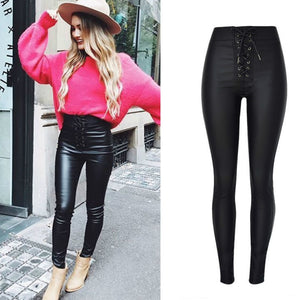 Faux Leather Sexy Pants Women Elastic Lace Up High Waist Slim Leather High Waist Pants Trousers